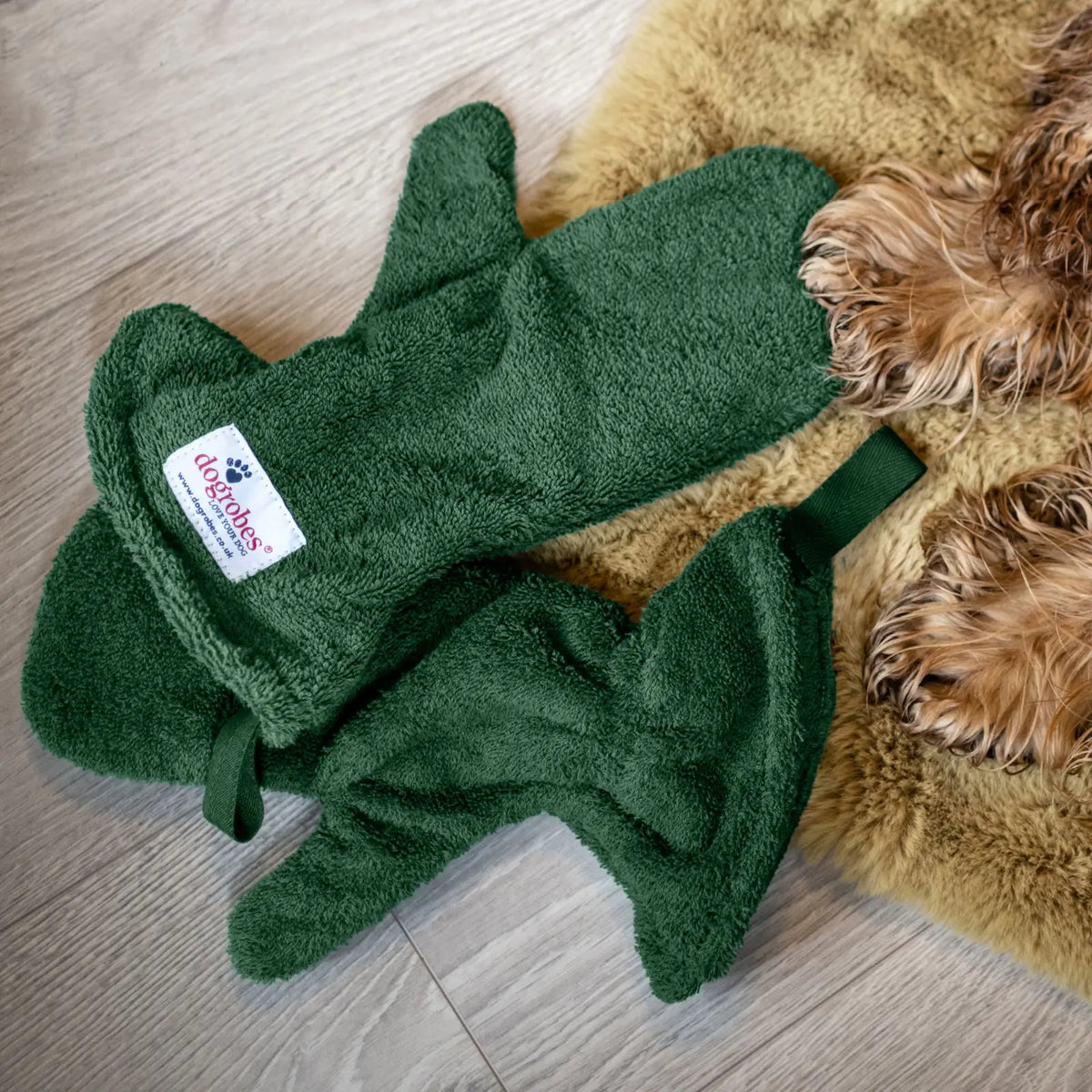 Close-up of Green Dogrobes Dog Drying Gauntlets (mitts) lying next to a wet Cocker Spaniel’s legs and paws