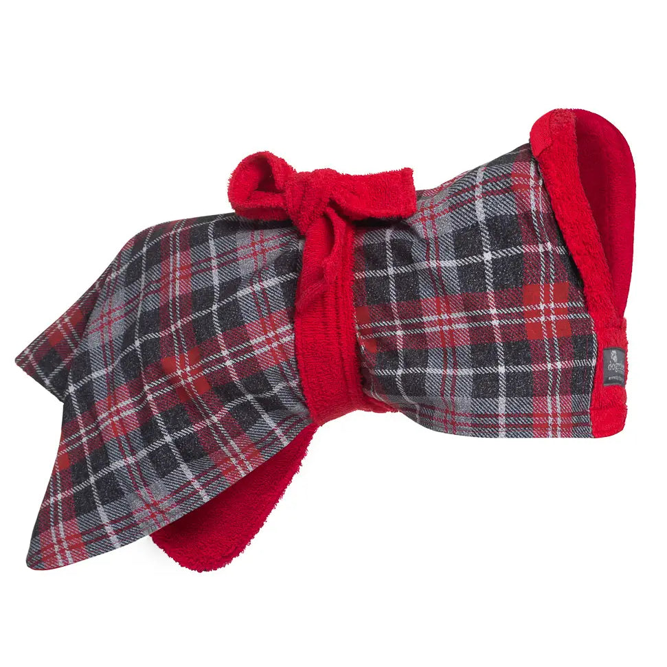 Dogrobes printed tartan dog drying coat with red towelling inner for absorbency