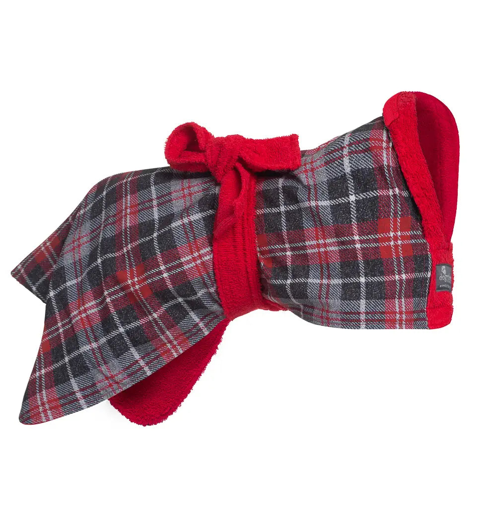 Dogrobes printed tartan dog drying coat with red towelling inner for absorbency