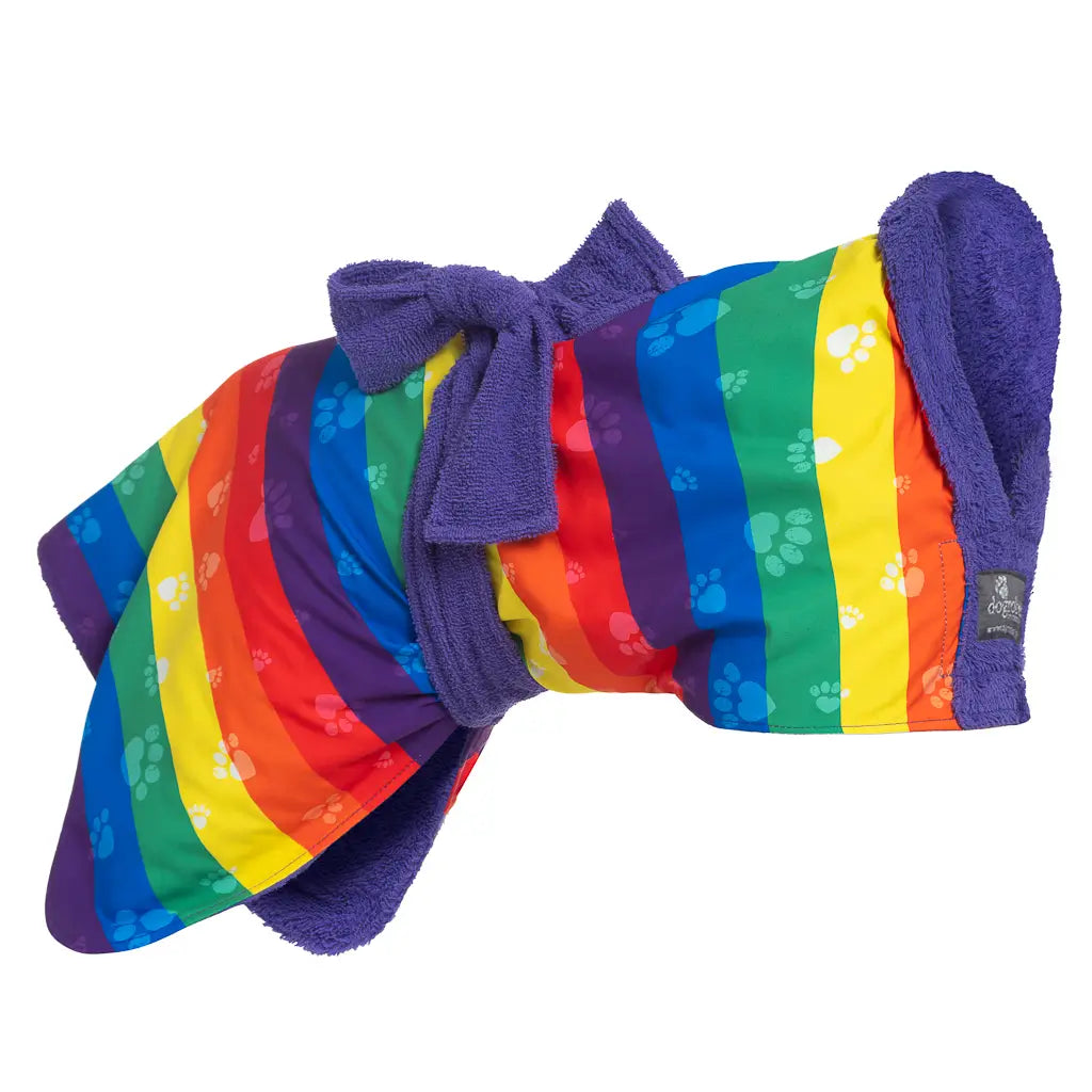 Dogrobes unique rainbow striped pattern with paw print design and purple towelling inner