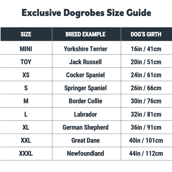 Dogrobes Exclusive dog drying robes size guide with breed examples and girth measurements