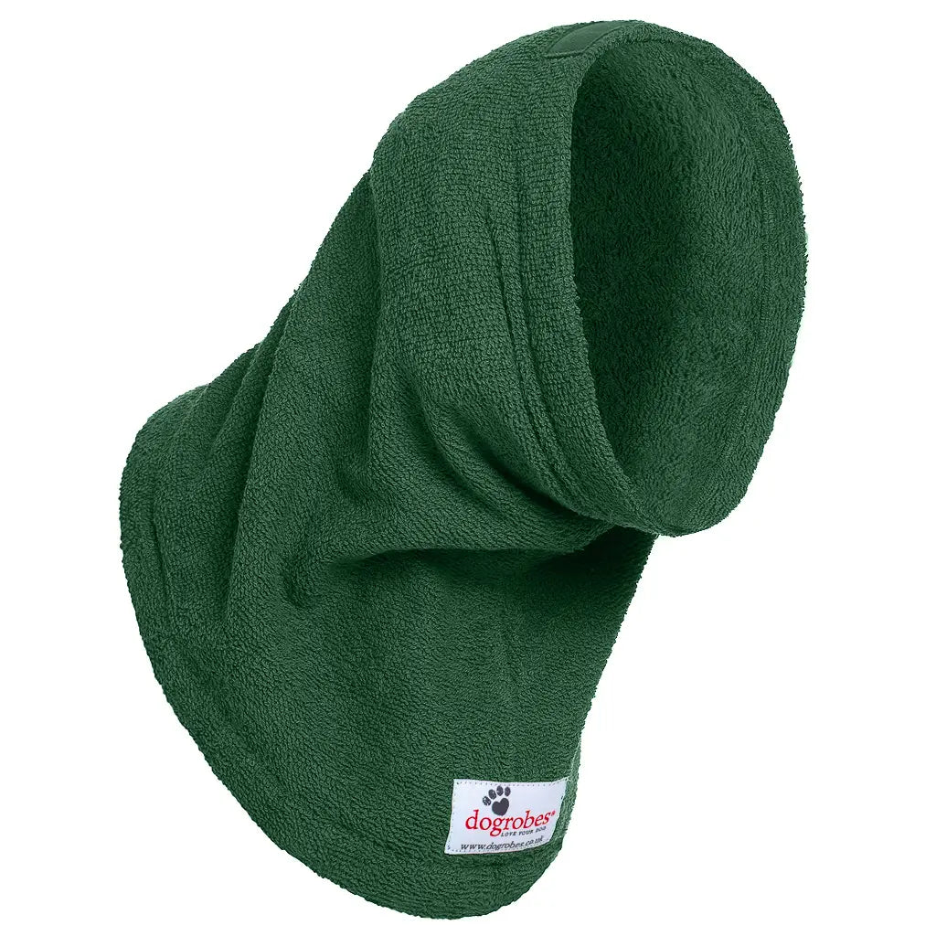 Dogrobes Green Dog Snood to dry dog's head, neck and ears fast with dual-loop fabric