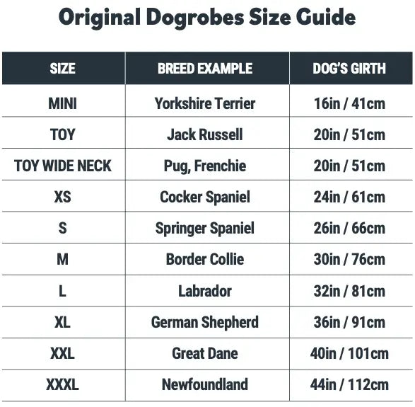 Dogrobes original dog drying robes size guide chart with breed examples and girth measurements