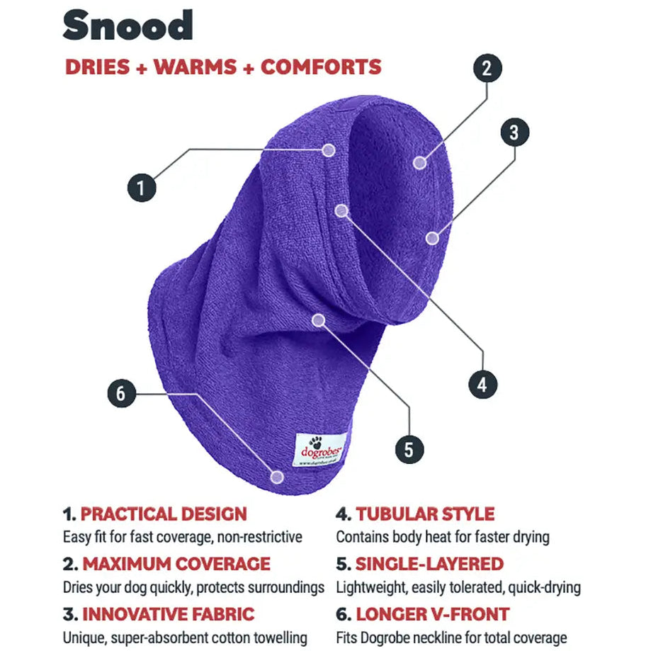 Dogrobes Purple Snood features highlighting absorbent cotton towelling, for fast drying of head neck and ears