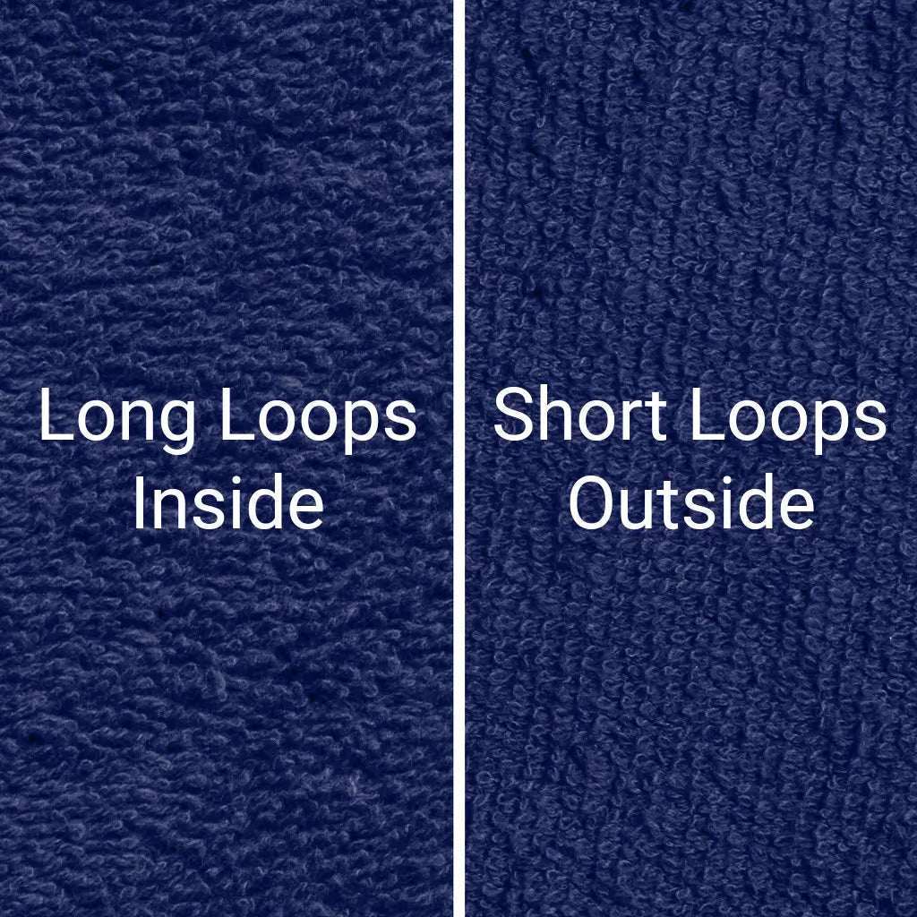 Navy Dogrobes dog drying coats and snoods fabric, long inner cotton loops for maximum absorbency and warmth retention