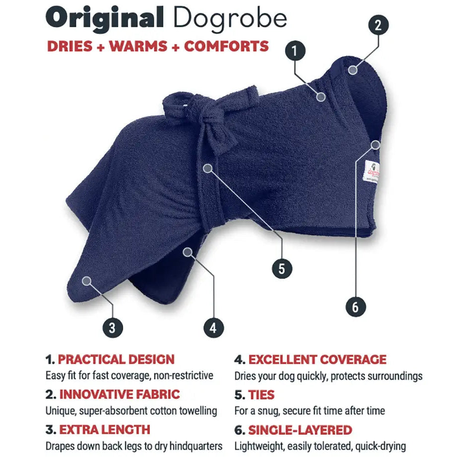 Navy Original Dogrobe dog drying robe features diagram highlighting excellent coverage, extra length and ties to dry, warm and comfort pets