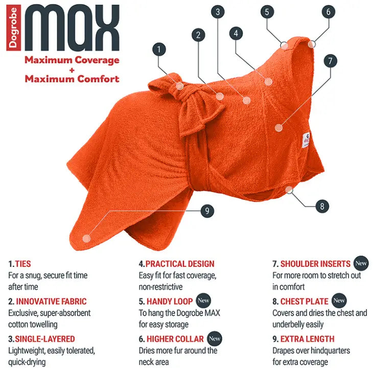 Features of Orange Dogrobe MAX dog towel coat by Dogrobes including shoulder inserts and handy loop