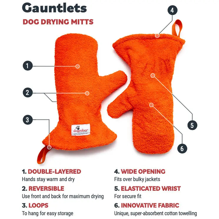 Orange Dogrobes Gauntlets showing six features including elasticated wrist and innovative fabric