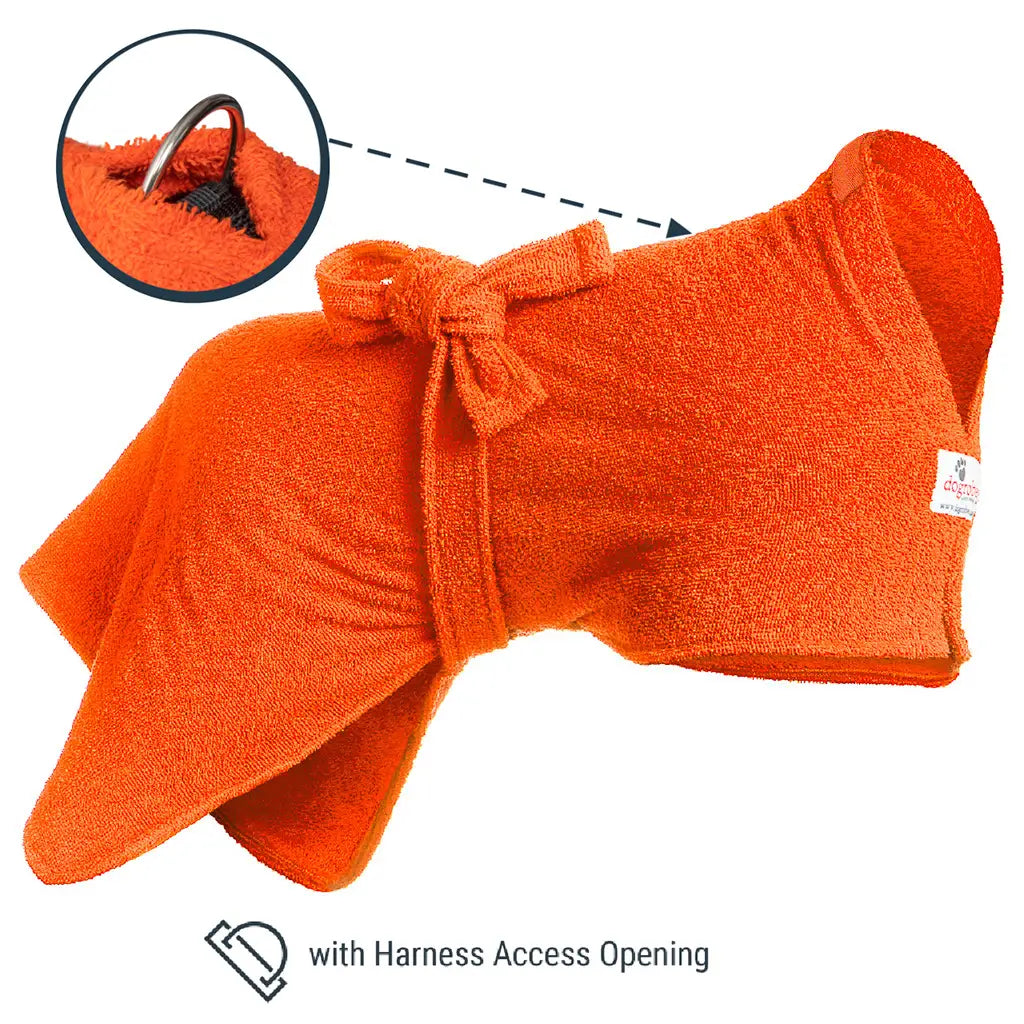 Orange Original dog drying robe showing location of Harness Access Opening and close-up of D-ring