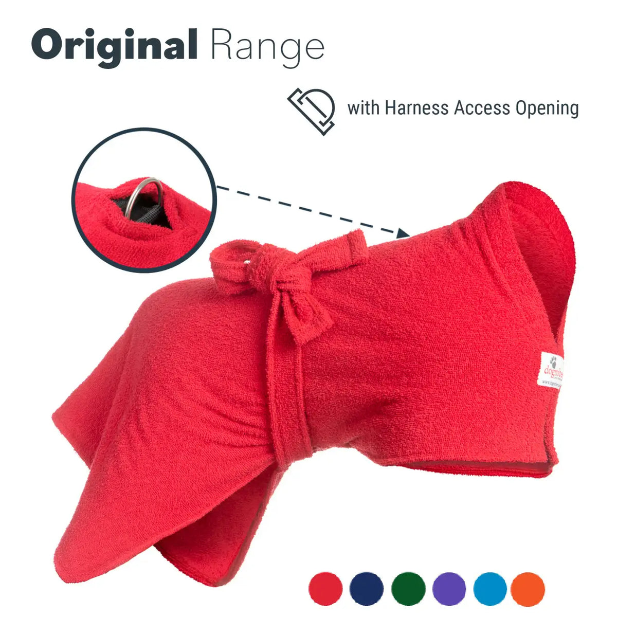 Red Original Dogrobe dog drying robe showing harness access opening with available colours displayed underneath