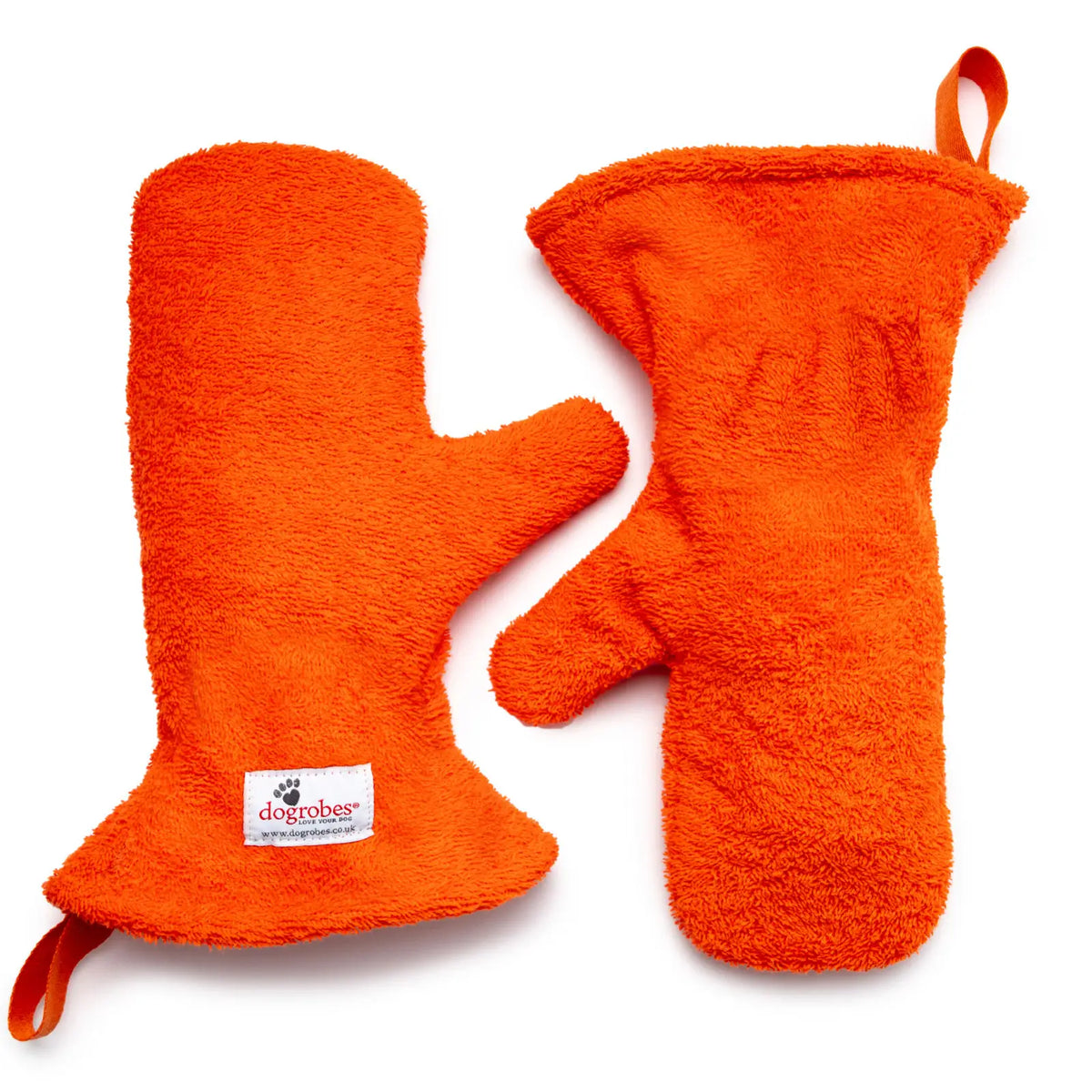 Pair of Orange Dogrobes Dog Drying Gauntlets (mitts) used for drying a dog’s legs and paws or giving a quick rub-down