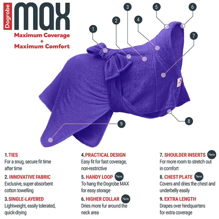 Features of Purple Dogrobe MAX dog towel coat designed by Dogrobes with extra length and higher collar