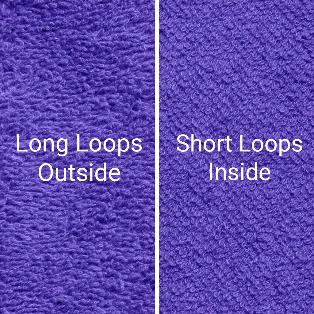 Purple Dogrobes dog drying mitts fabric, long outer cotton loops for maximum absorbency