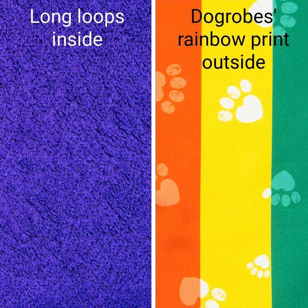 Dogrobes purple towelling long loops inside on left and rainbow print for the outside of the drying coat on right