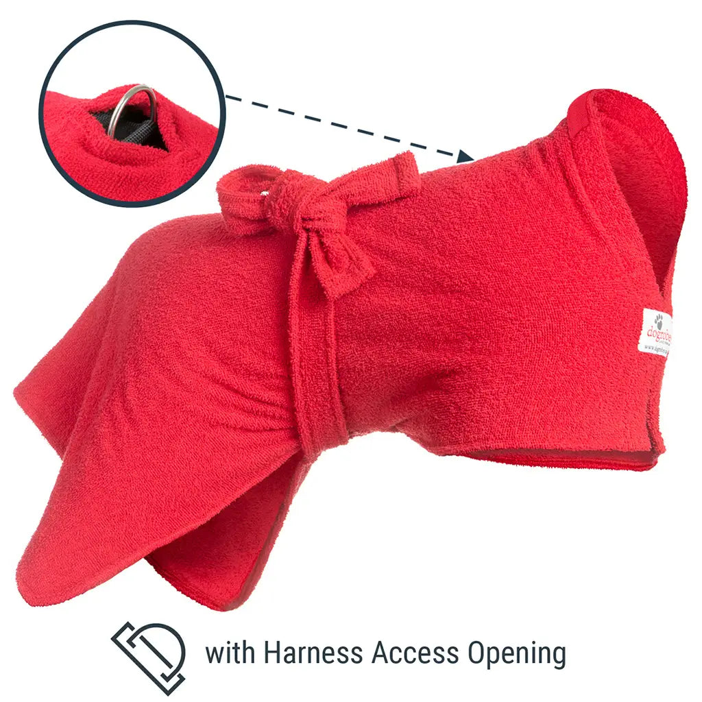 Red Original dog drying robe showing location of Harness Access Opening and close-up of D-ring