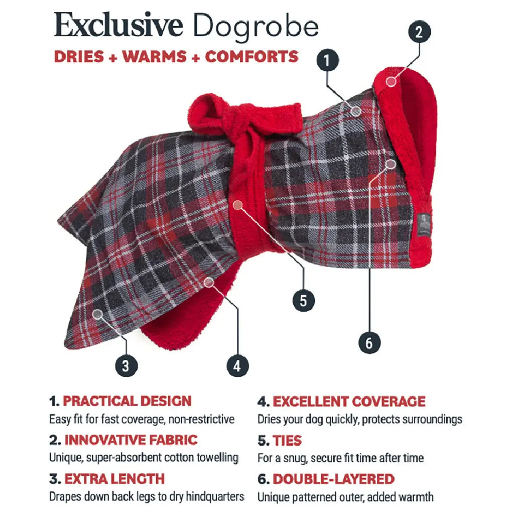 Tartan Exclusive dog drying robe features image showing practical design, absorbent fabric and ties to dry, warm and comfort dogs