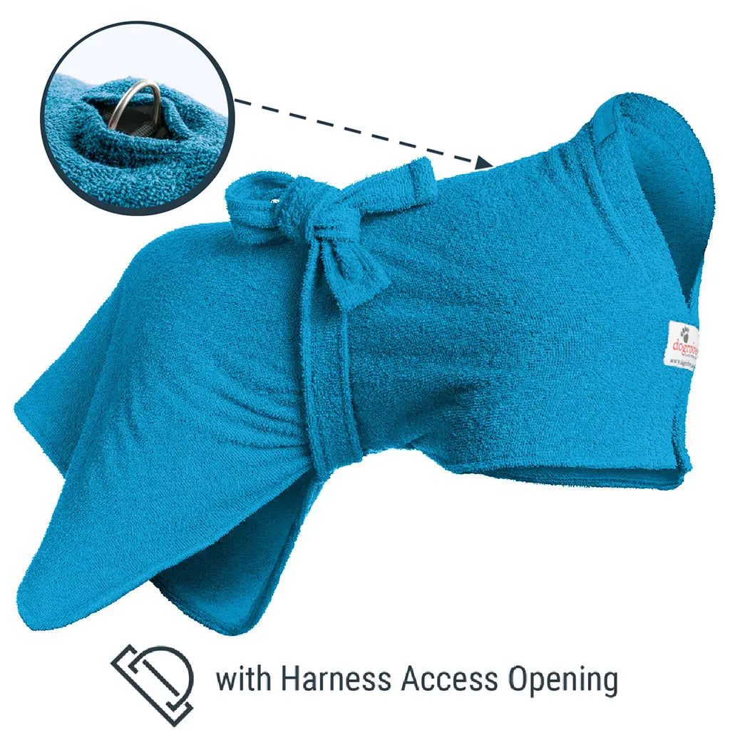 Teal Original dog drying robe showing location of Harness Access Opening and close-up of D-ring