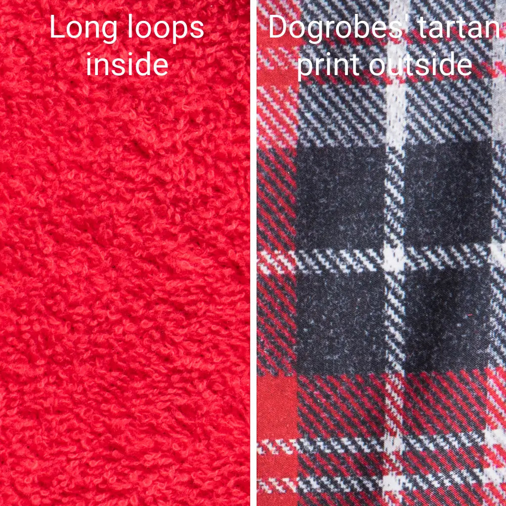 Dogrobes red towelling long loops inside on left and tartan print for the outside of the drying coat on right