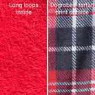 Dogrobes red towelling long loops inside on left and tartan print for the outside of the drying coat on right