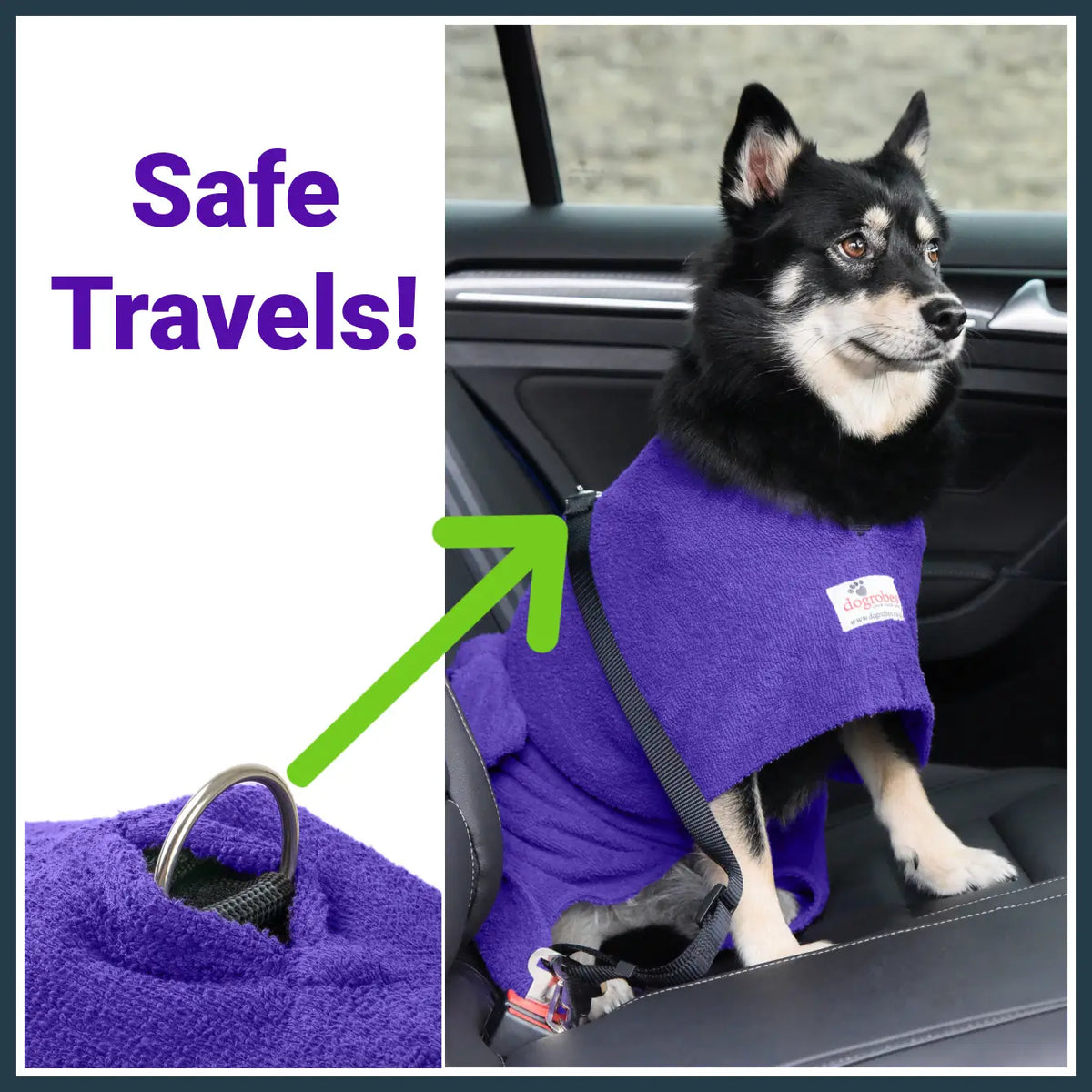 Dog secured in a car wearing a purple Dogrobe with Harness Access Opening