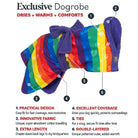 Rainbow Exclusive Dogrobe feature guide showing practical design and dog drying coat benefits