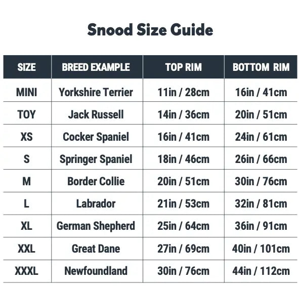 Dogrobes dog snood size guide with breed examples and measurements