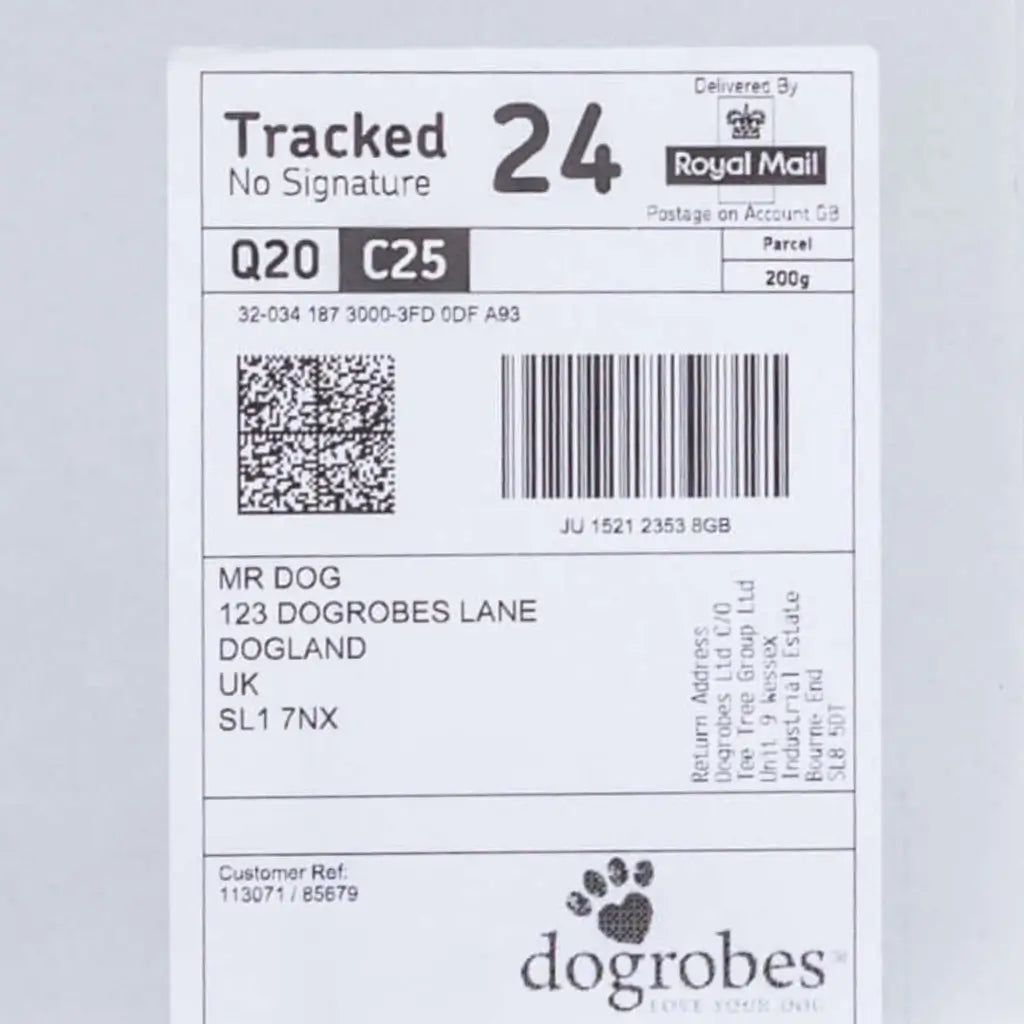 Free returns postage label emailed to complete a Dogrobes return