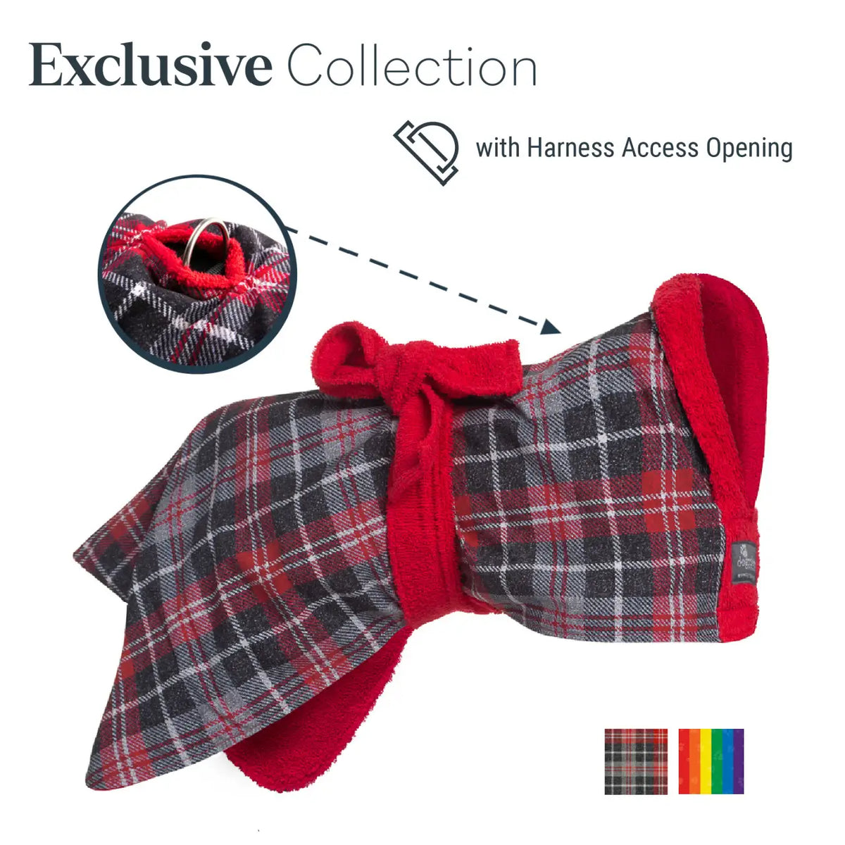 Tartan Exclusive Dogrobe dog drying robe showing harness access opening with available colours displayed underneath