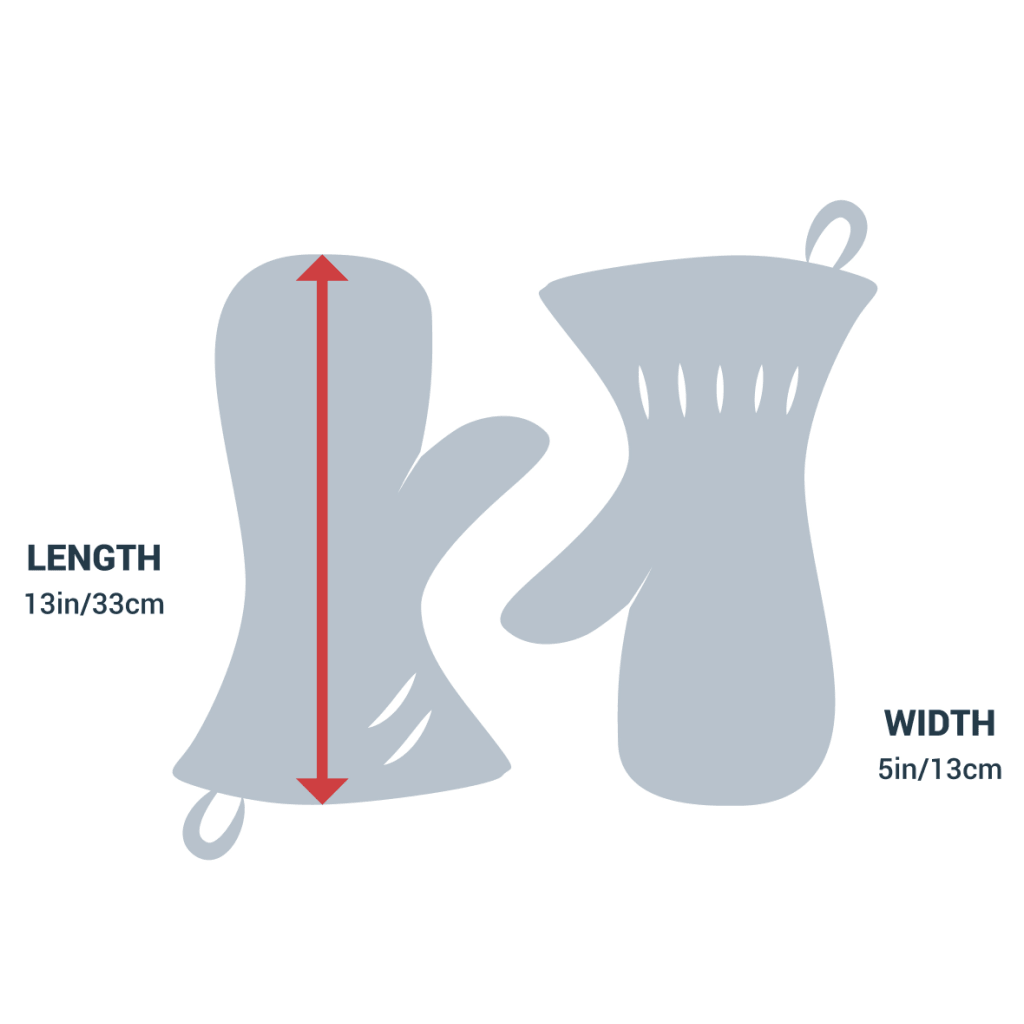 Dogrobes Gauntlets size guide showing length and width measurements of the pair of dog drying mitts