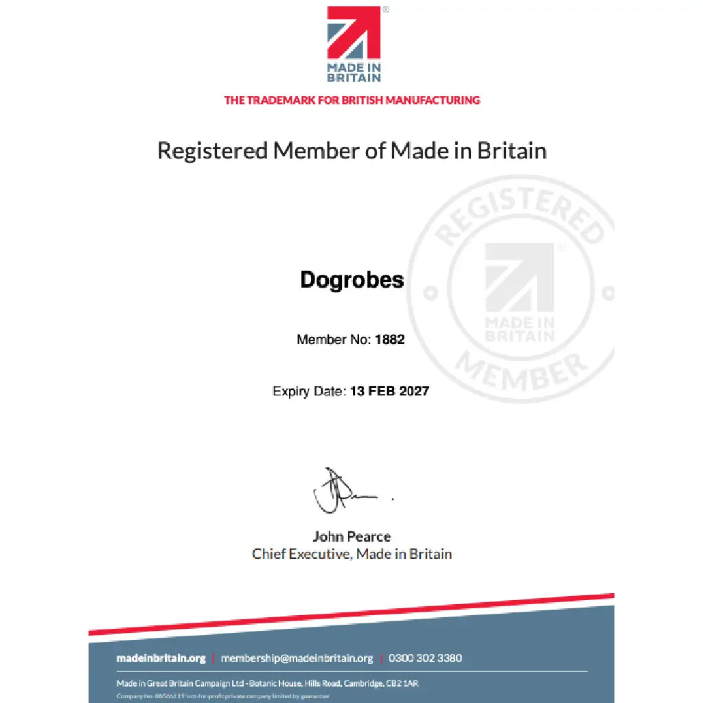 Dogrobes registered member certificate from Made in Britain