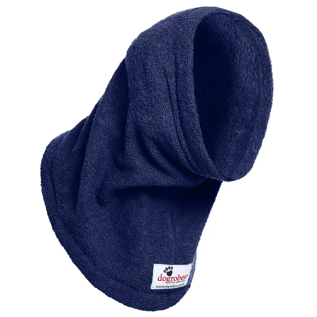 Dogrobes Navy Dog Snood for drying dog's head, neck and ears after walks or baths