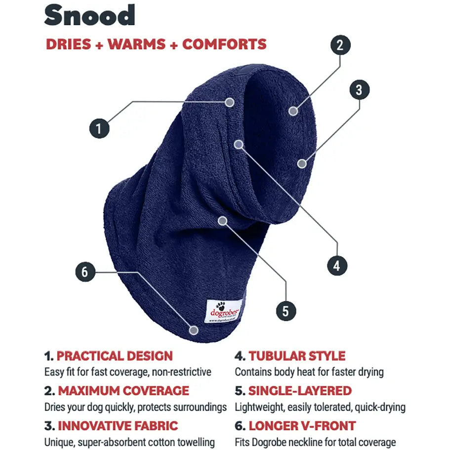 Dogrobes Navy Snood features highlighting absorbent dual-loop towelling to dry head, neck and ears