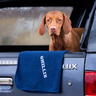 Embroidered Navy Original Dogrobe with the Vizsla's name Ghillie in white thread and capitals