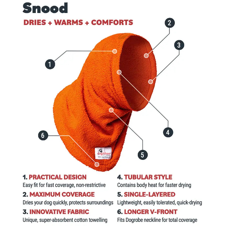 Dogrobes Orange Snood features including practical design and super-absorbent fabric 