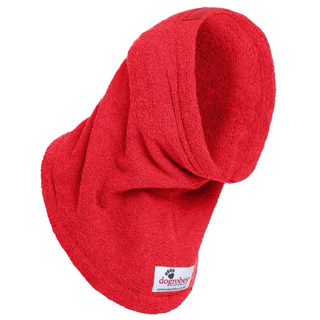 Dogrobes Red Dog Snood to dry dog's head, neck and ears quickly