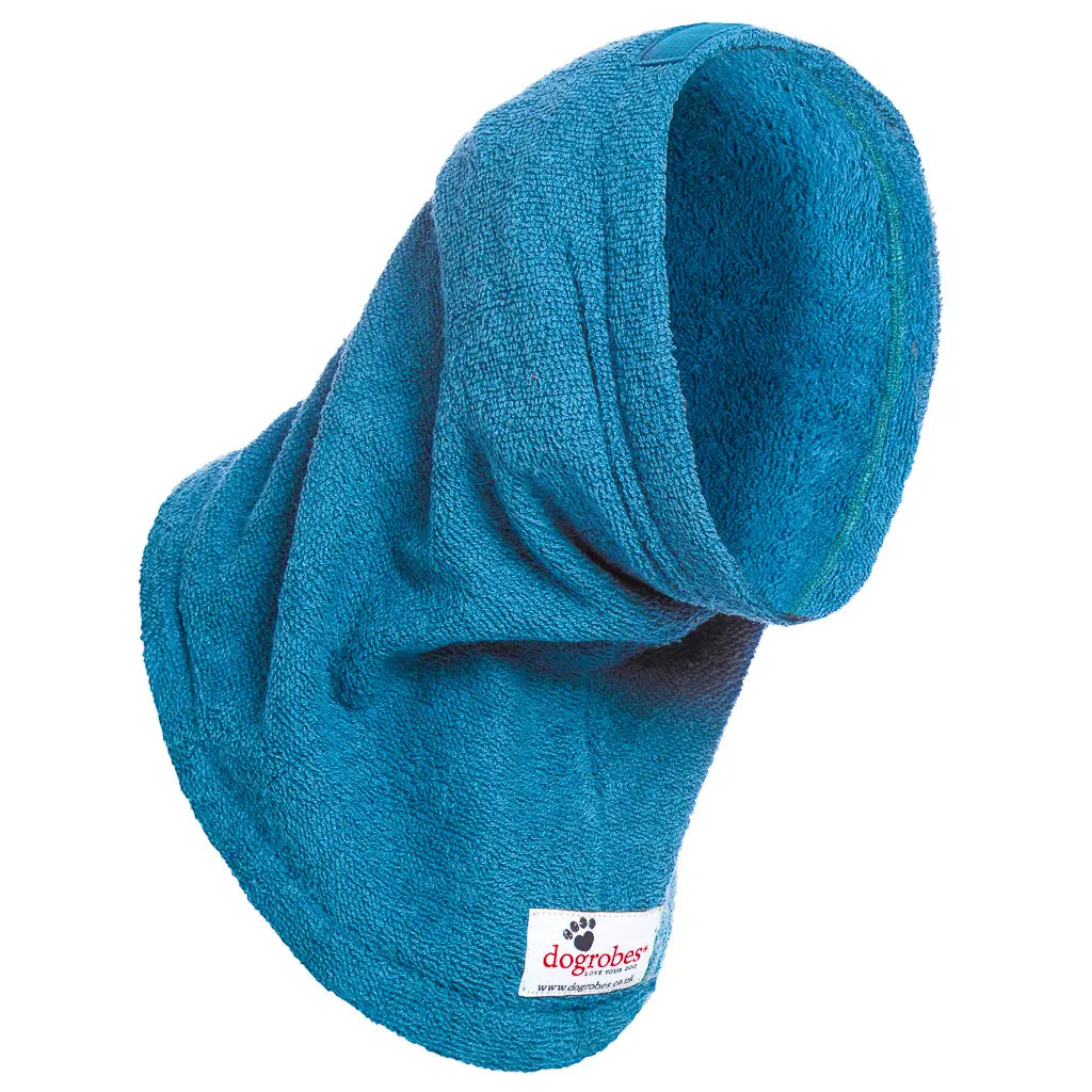 Dogrobes Teal Dog Snood to dry dog's head, neck and ears after swimming or bathing