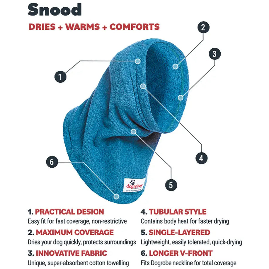 Dogrobes Teal Snood features including dual-loop cotton fabric, quick drying performance and comfort for nervous  dogs
