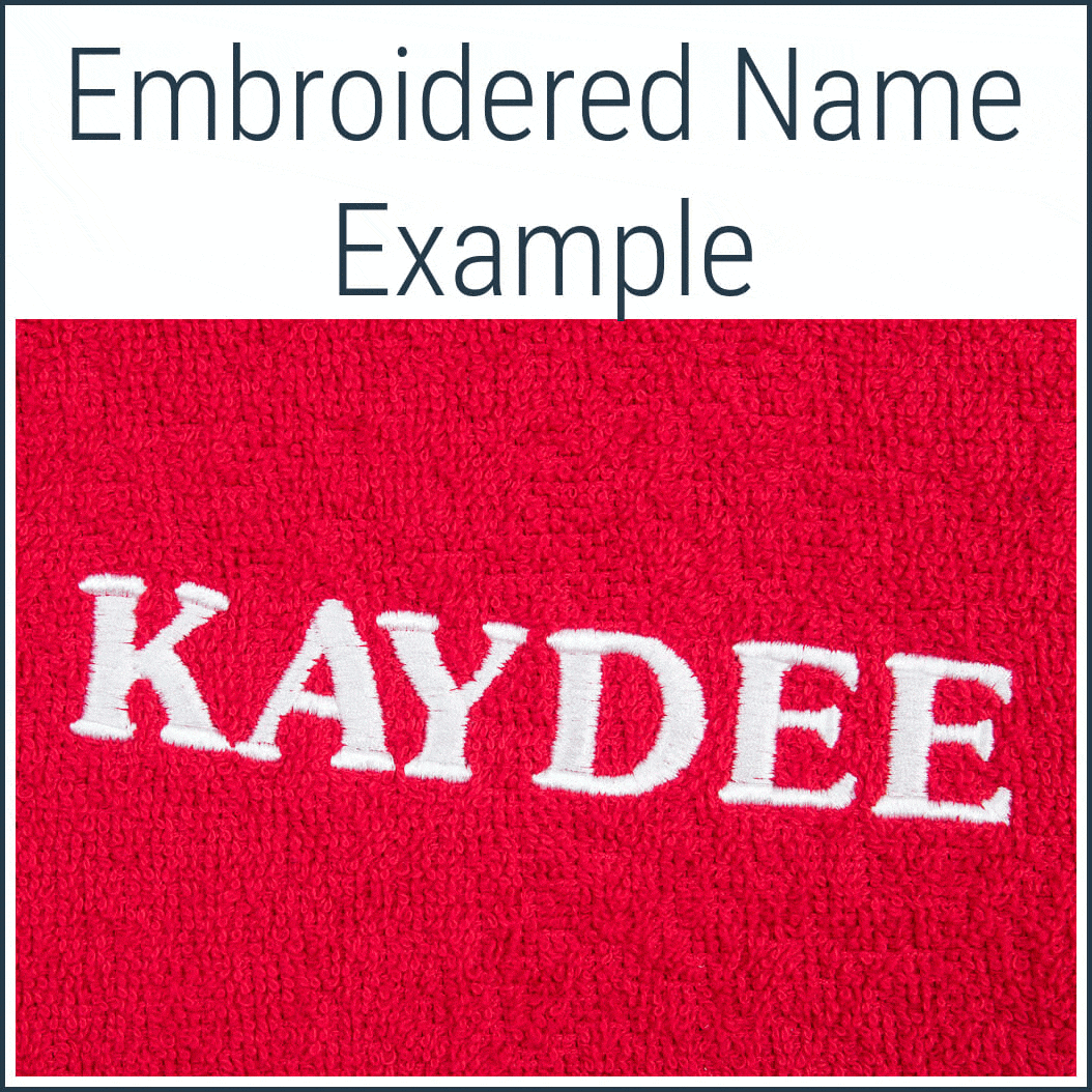 Examples of personalised Dogrobes showing embroidered names on different colours