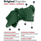 Green Original Dogrobe dog drying robe features image showing innovative fabric, practical fit and coverage to dry, warm and comfort anxious dogs