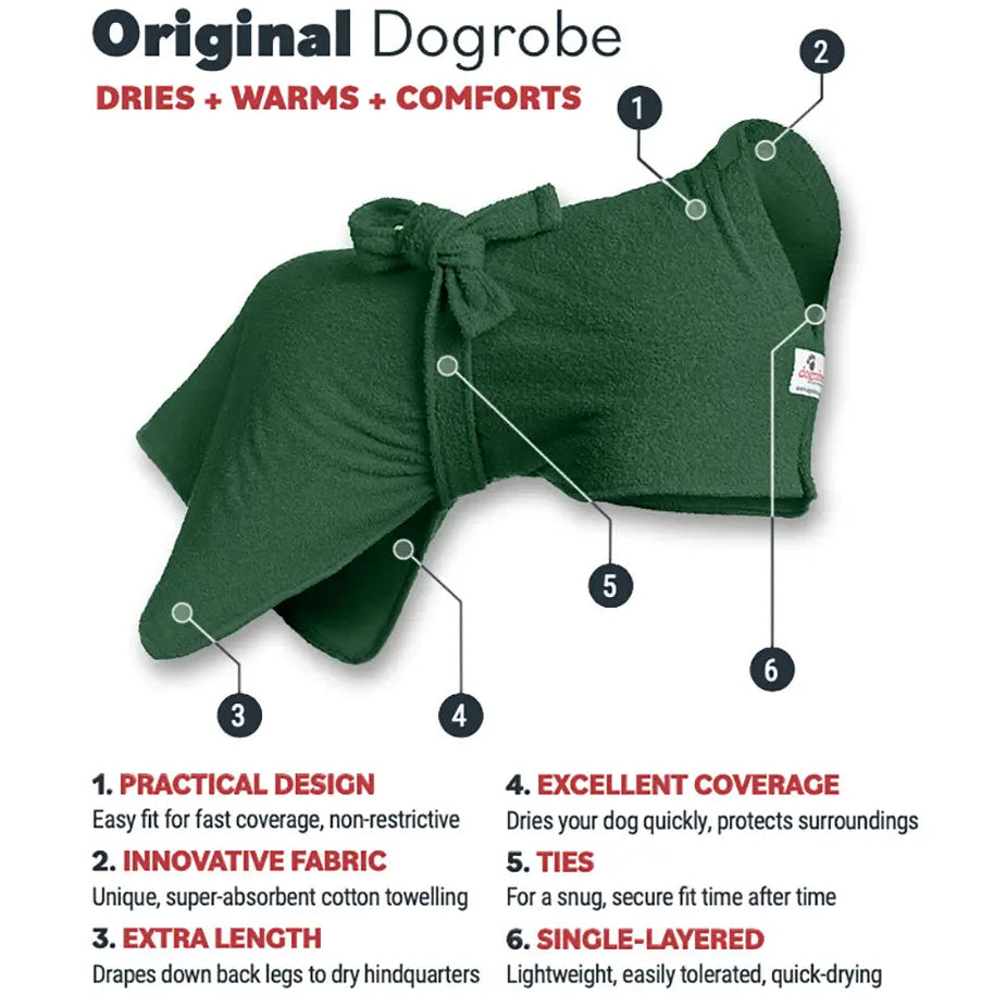 Green Original Dogrobe dog drying robe features image showing innovative fabric, practical fit and coverage to dry, warm and comfort anxious dogs