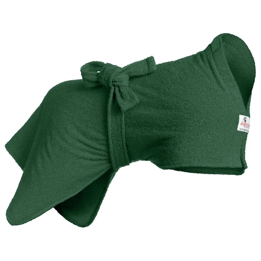Green Original Dogrobe dog drying robe to dry damp coats efficiently, offering warmth and comfort for dogs unsettled by fireworks or loud noise
