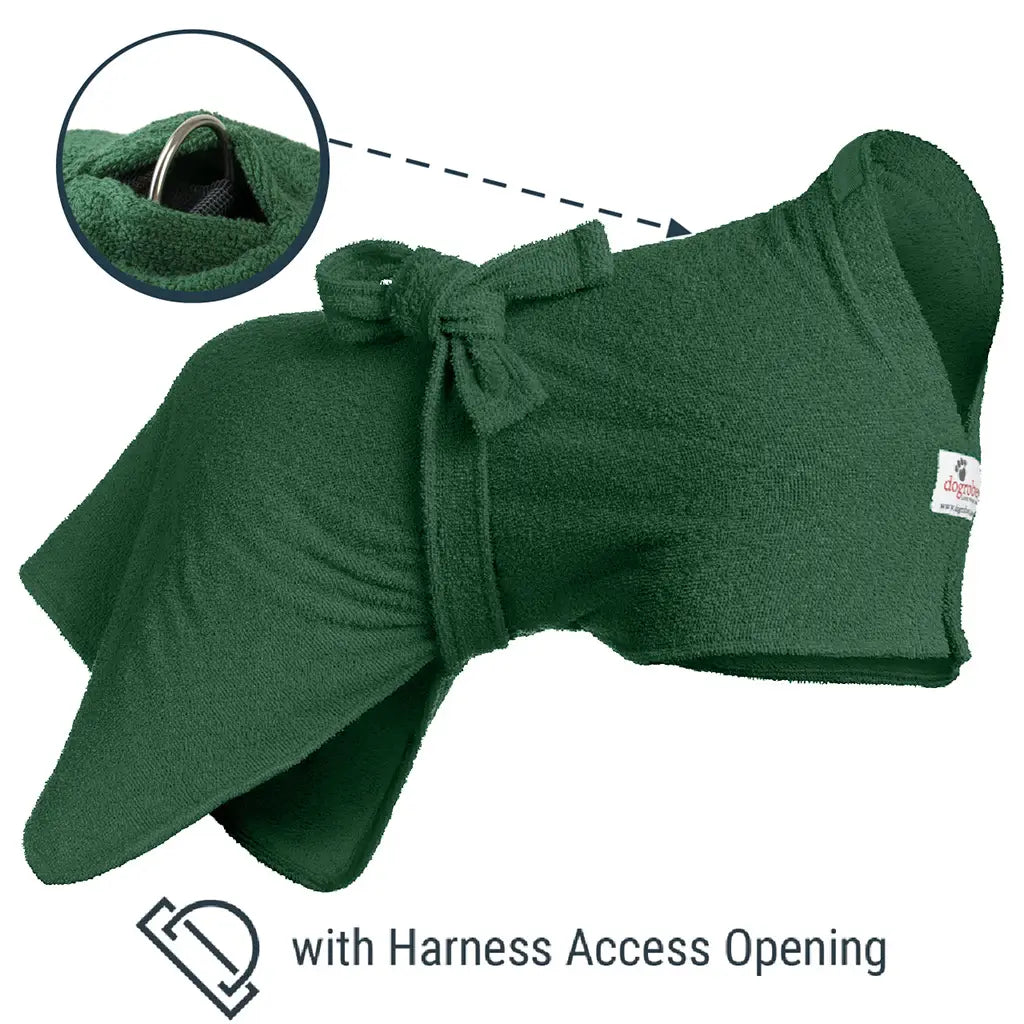 Green Original dog drying robe showing location of Harness Access Opening and close-up of D-ring