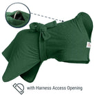 Green Original dog drying robe showing location of Harness Access Opening and close-up of D-ring