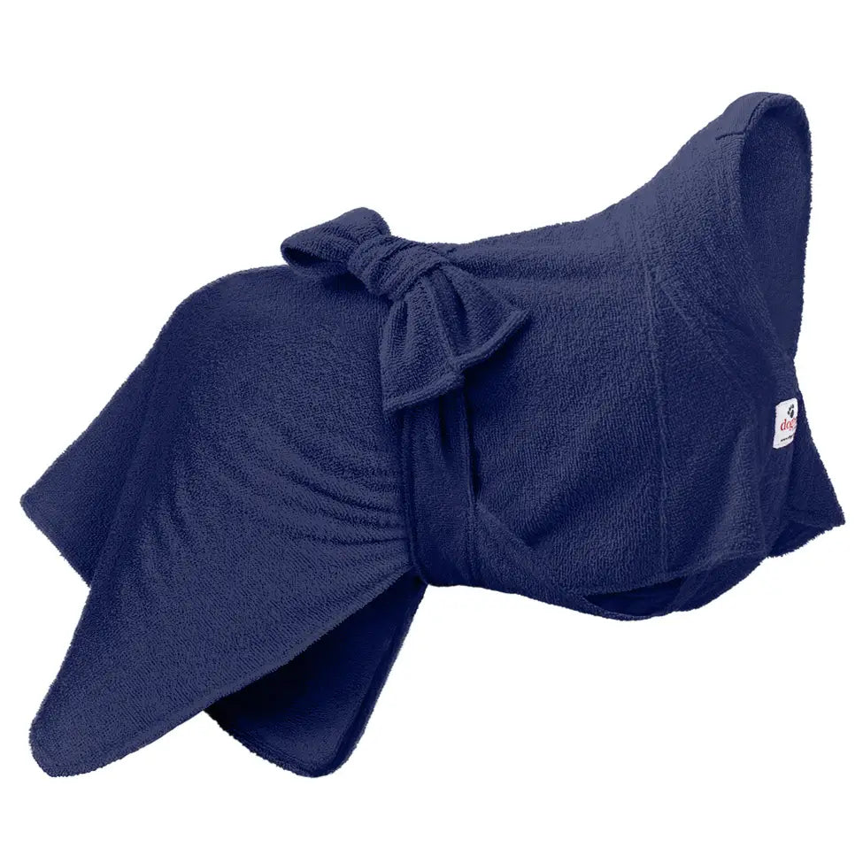 Navy Dogrobe MAX dog towel coat by Dogrobes with higher collar and shoulder inserts for comfort and secure fit