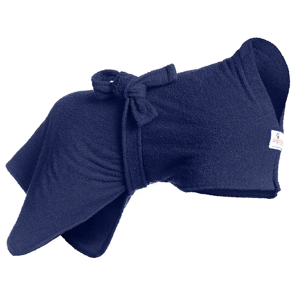 Navy Original Dogrobe dog drying robe designed to absorb moisture fast, warming your dog and comforting nervous pets during fireworks or storms