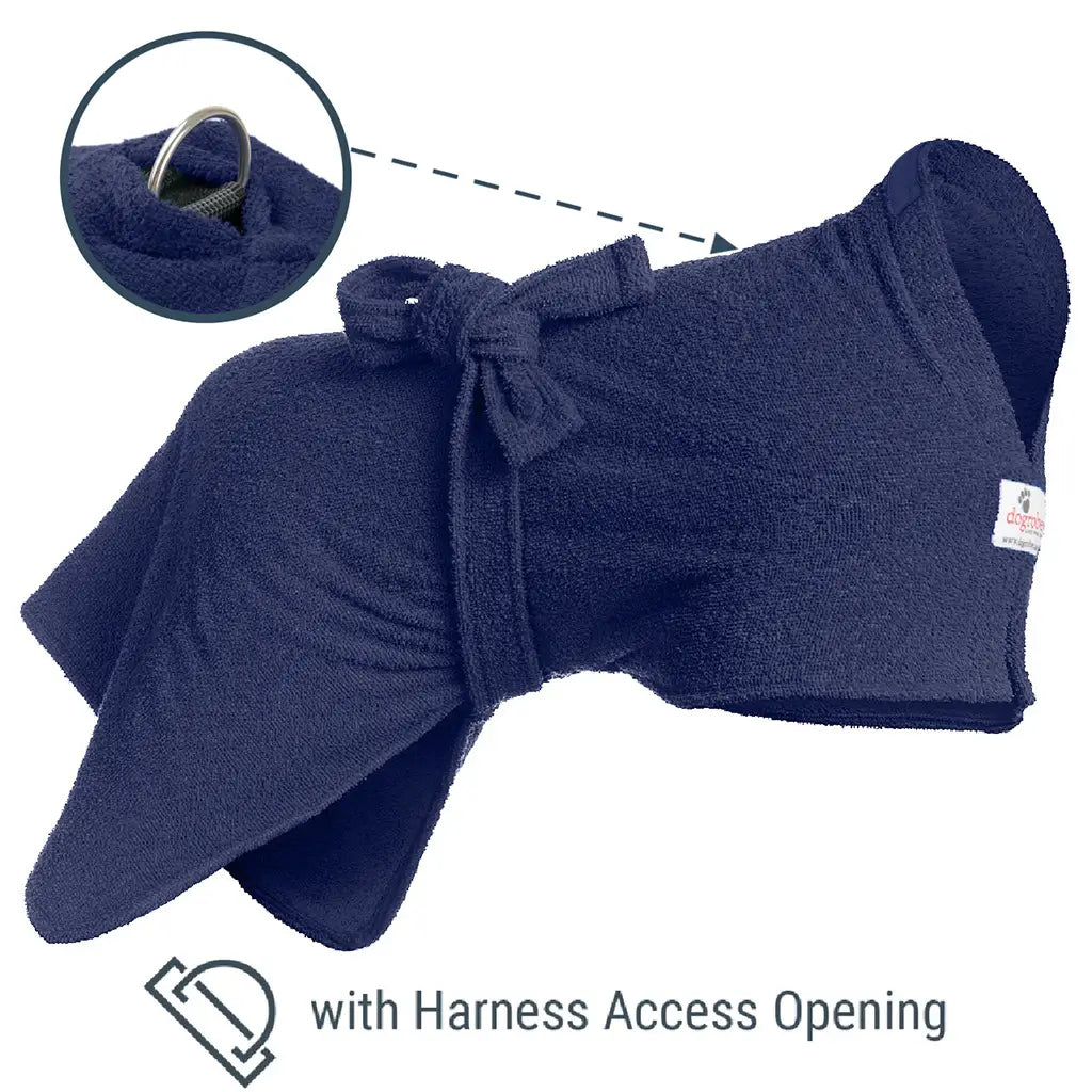 Navy Original dog drying robe showing location of Harness Access Opening and close-up of D-ring