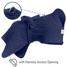 Navy Original dog drying robe showing location of Harness Access Opening and close-up of D-ring