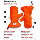 Orange Dogrobes Gauntlets showing six features including elasticated wrist and innovative fabric