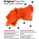 Orange Original Dogrobe dog drying robe features diagram highlighting unique absorbent fabric and extra length to dry, warm and comfort dogs indoors