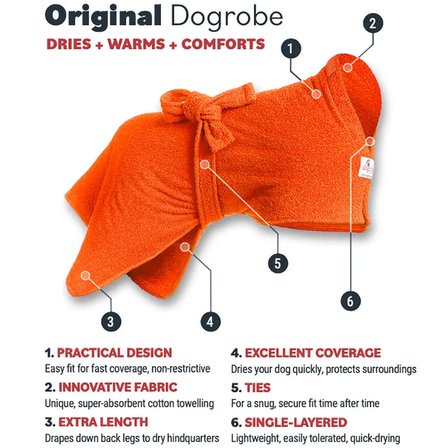 Orange Original Dogrobe dog drying robe features diagram highlighting unique absorbent fabric and extra length to dry, warm and comfort dogs indoors